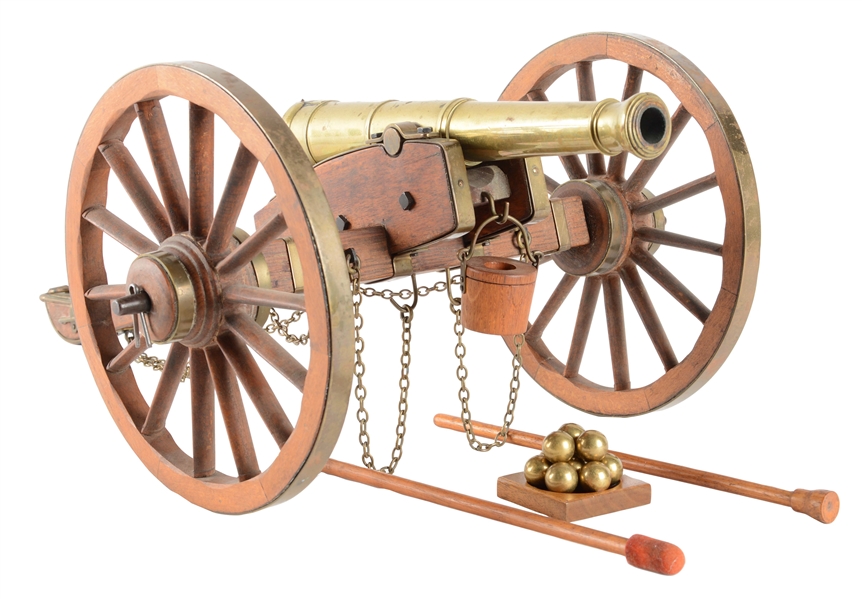 MINIATURE FIRING BRONZE CANNON WITH CARRIAGE & ACCESSORIES.