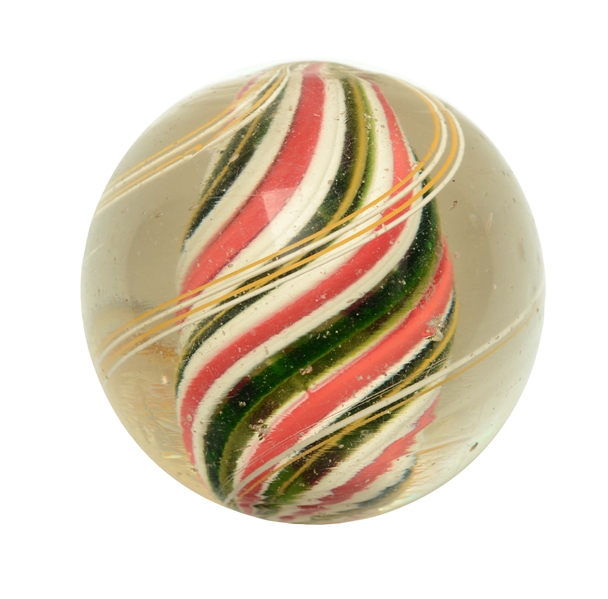 SOLID CORE MARBLE WITH GREEN BANDS.