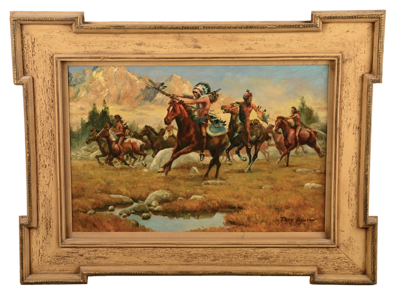 FRAMED DENTON OIL PAINTING OF NATIVE AMERICAN CHARGE.