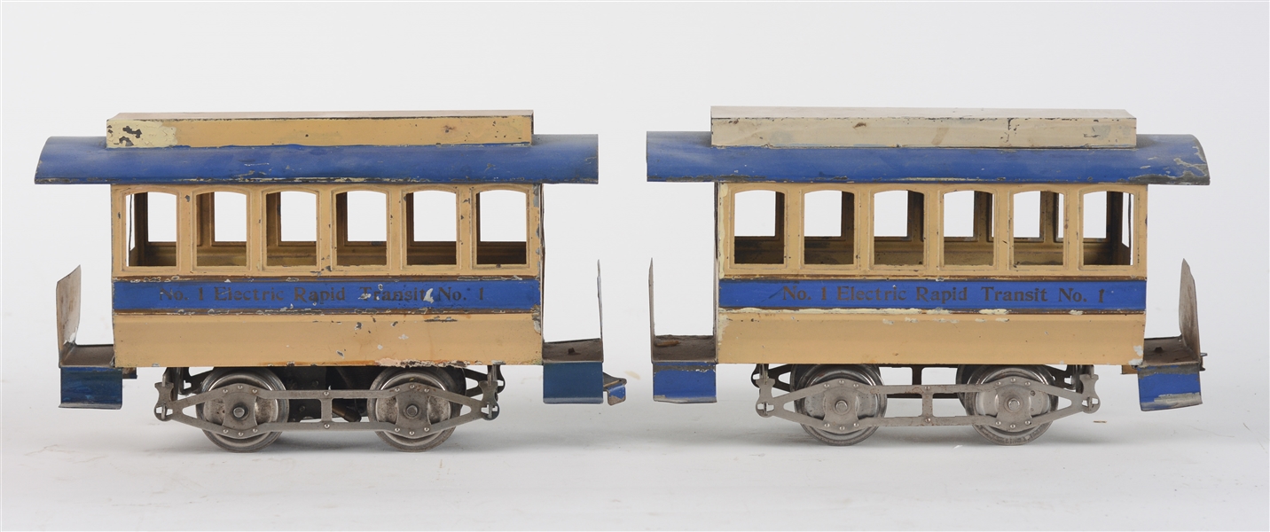 LOT OF 2: LIONEL NO. 1 ELECTRIC RAPID TRANSIT TROLLEY & TRAILER. 