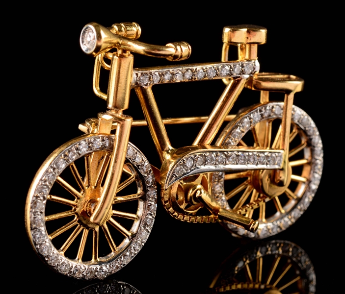 18K GOLD ARTICULATED DIAMOND BICYCLE PENDANT/BROOCH.