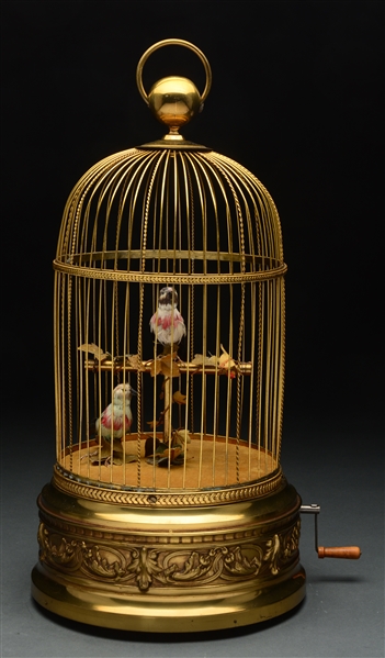 FRENCH MUSICAL AUTOMATON BRASS BIRDCAGE WITH PAIR OF BIRDS.