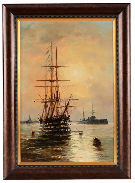 EDWARD EUGENE FLETCHER (BRITISH, 1851-1945) SHIPS IN PORT AT SUNSET. 