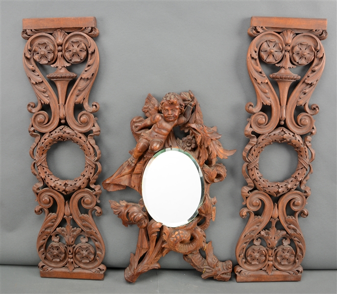 LOT OF 3: PAIR OF CARVED WALL BRACKETS WITH CARVED MIRROR.