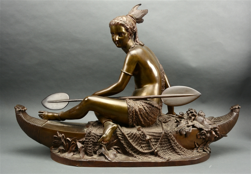 AFTER DUCHOISELLE (19TH CENTURY FRENCH) "ALLEGORY OF FISHING" BRONZE STATUE.