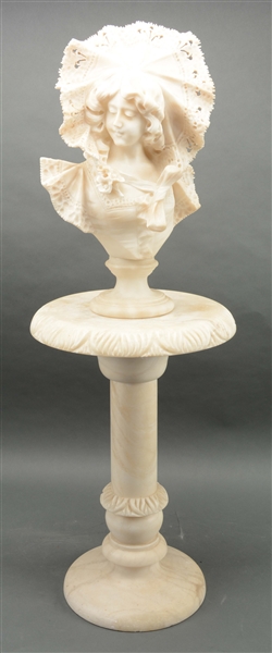 ALABASTER AND MARBLE BUST OF A YOUNG WOMAN WITH PEDESTAL.