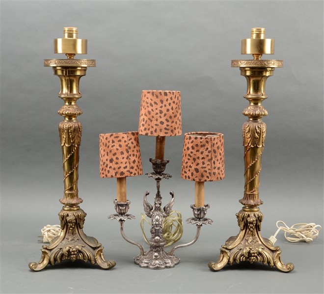 LOT OF 3: PAIR OF FLEMISH STYLE METAL CANDLESTICK LAMPS AND ROCOCO STYLE LAMP.