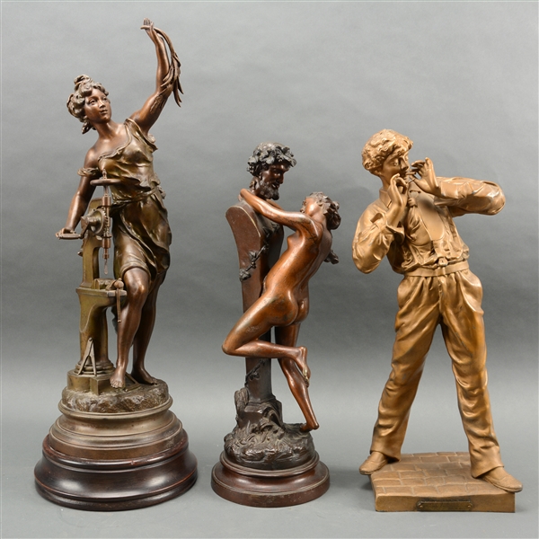 LOT OF 3: BRONZE AND PATINATED METAL FIGURAL SCULPTURES.