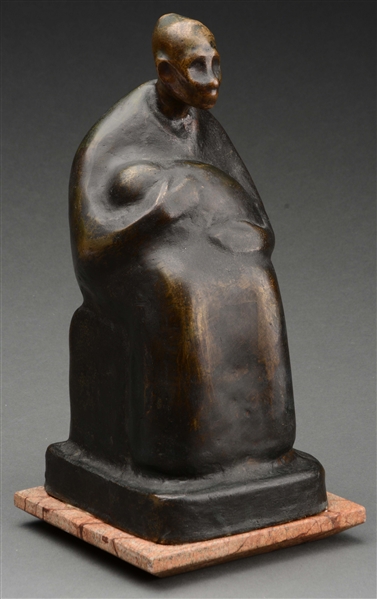 KATHE SCHMIDT KOLLWITZ (1867-1945, GERMANY) BRONZE SCULPTURE OF SEATED MOTHER WITH INFANT.