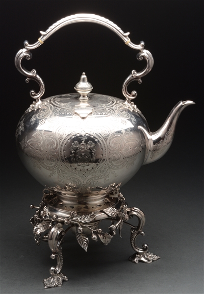 ENGLISH SILVER KETTLE ON STAND.