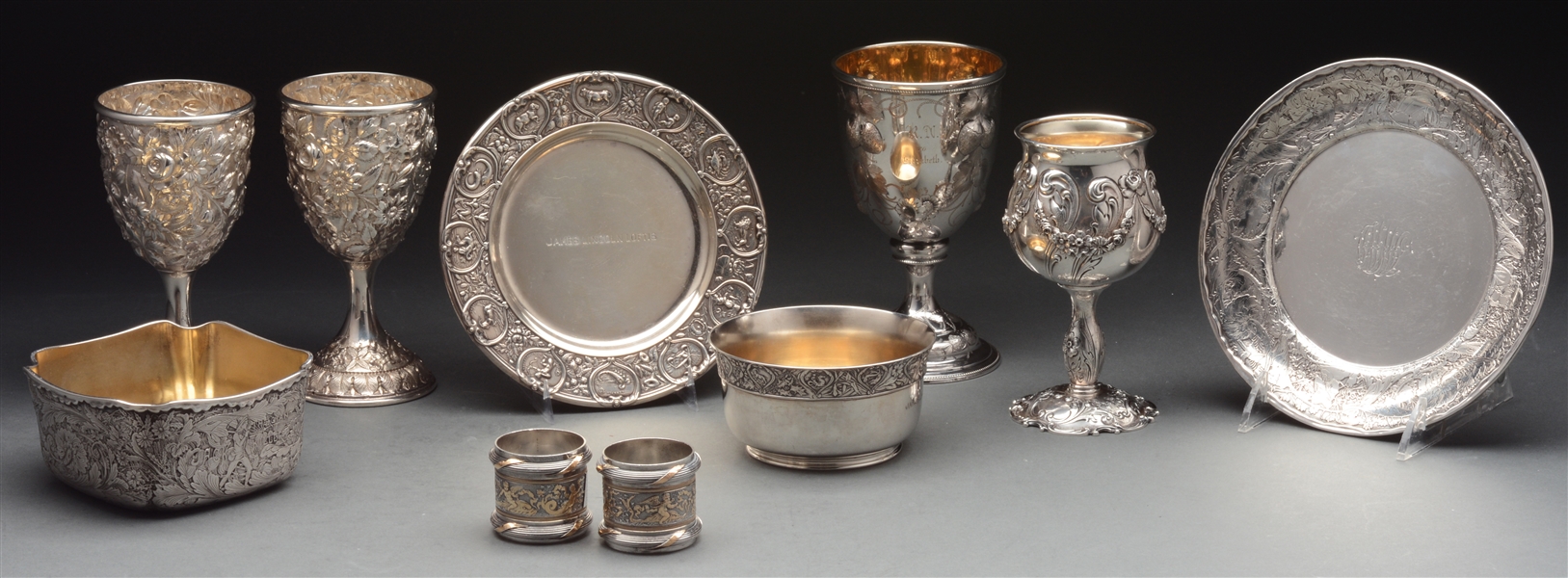 10 ASSORTED STERLING SILVER GOBLETS, PLATES, BOWLS AND NAPKIN RINGS.