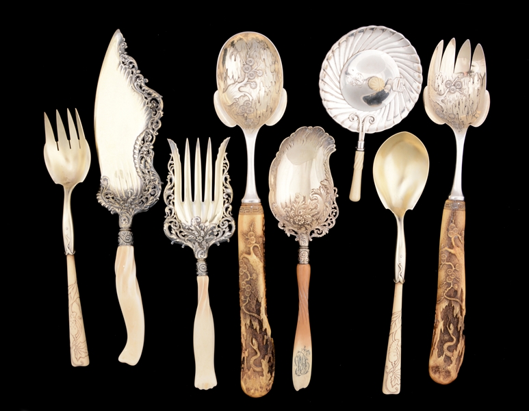 8 STERLING & IVORY SPOONS, SERVERS AND KNIFE. 
