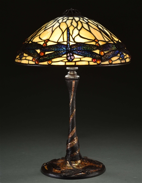 TIFFANY STUDIOS DRAGONFLY LAMP WITH MOSAIC BASE. CIRCA 1905