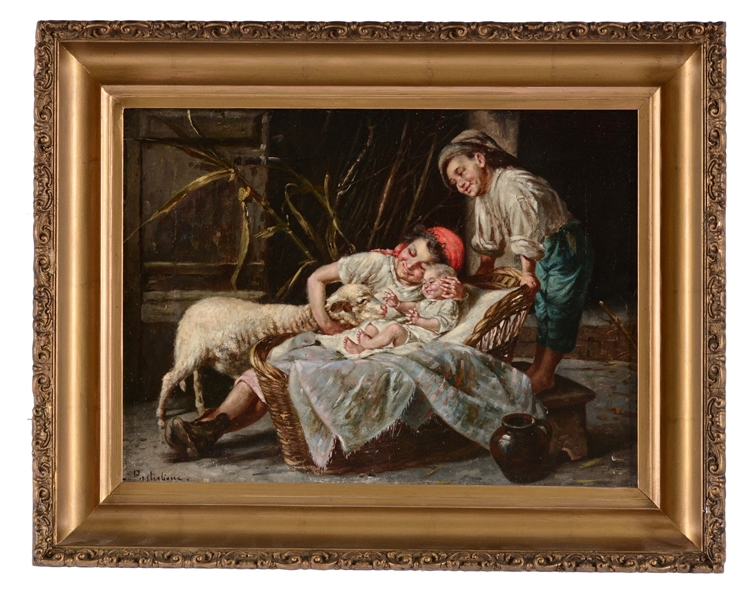 LUCA POSTIGLIONE (ITALIAN, 1876-1936) HAPPY CHILDREN WITH LAMB. 
