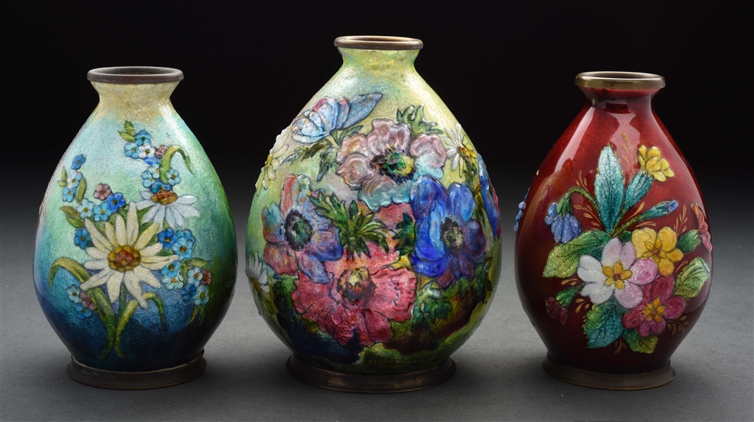THREE CAMILLE FAURE ENAMELED FLORAL VASES. 