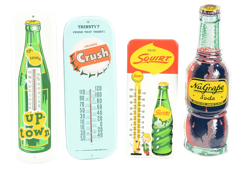 LOT OF 4: 3 SODA THERMOMETERS AND ADVERTISING SIGN.