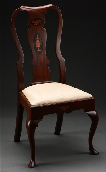 IMPORTANT QUEEN ANNE INLAID MAHOGANY SIDE CHAIR.