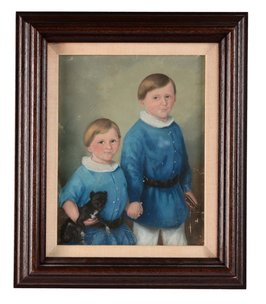 FOLK ART PORTRAIT OF TWO BOYS IN BLUE.