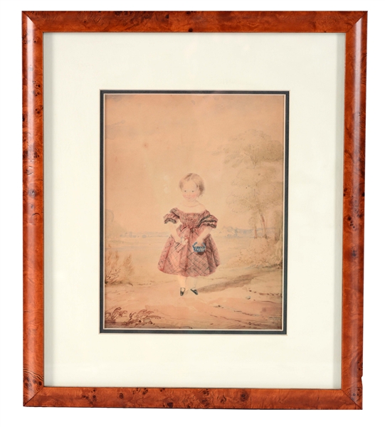 AMERICAN 19TH CENTURY FOLK ART PORTRAIT OF A YOUNG GIRL IN LANDSCAPE.  