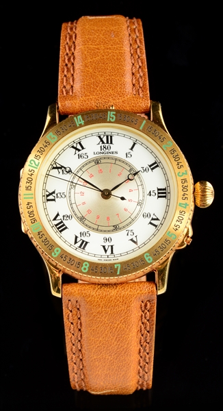 LONGINES LINDBERGH HOUR ANGLE WATCH, REF. 989.5216 IN 18K GOLD WITH BOX.