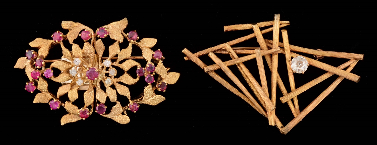 LOT OF 2: YELLOW GOLD DIAMOND BROACHES, ONE WITH RUBIES.