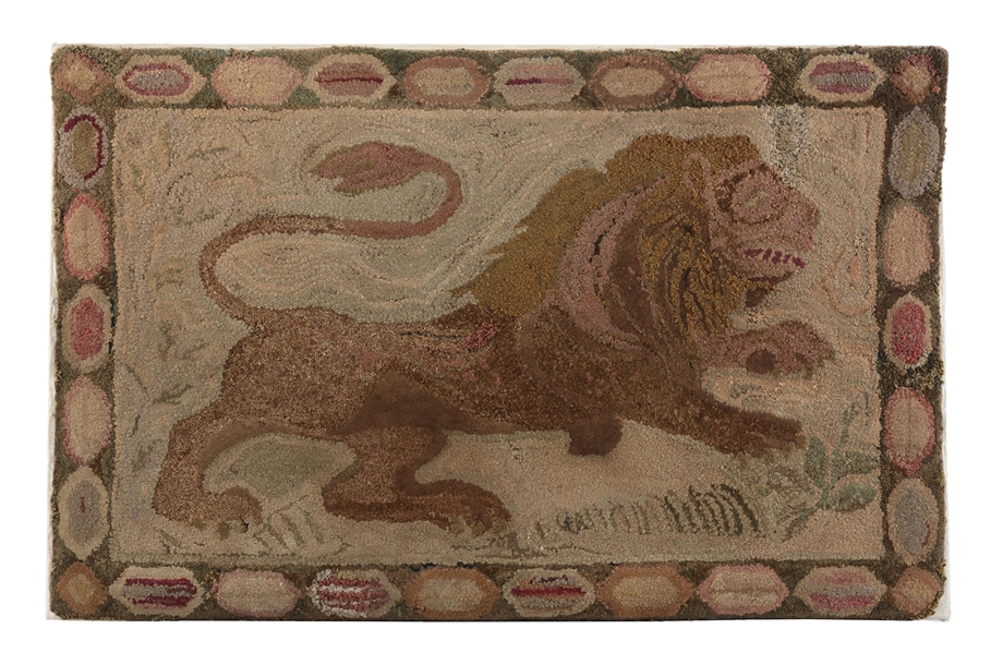 EXCEPTIONAL LION HOOKED RUG, FIRST QUARTER. 