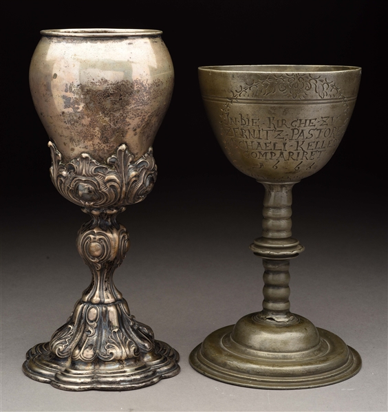 LOT OF 2: 17TH CENTURY PEWTER GOBLET & SILVER GOBLET.