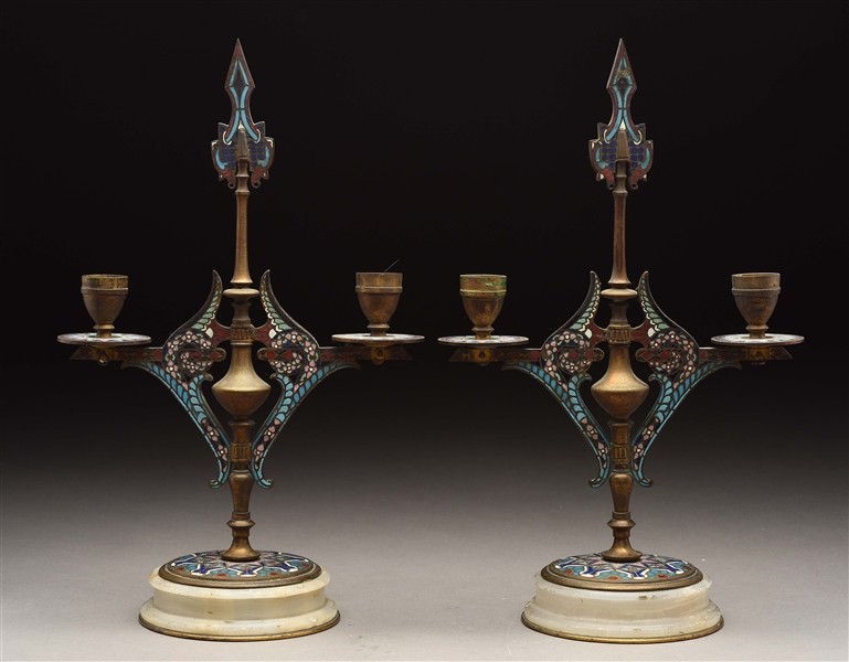 LOT OF 2: PAIR OF CHAMPLEVE BRASS CANDELABRA.