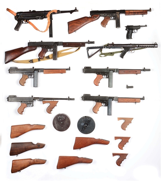 LOT OF 13: NINE PROP GUNS INCLUDING SIX THOMPSONS, ONE MP40, ONE STERLING MK V AND ONE WALTHER P38, PLUS ACCESSORIES. 