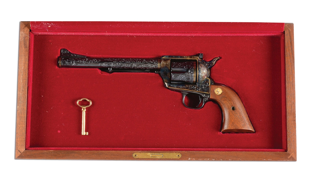 (M) ENGRAVED COLT NEW FRONTIER SINGLE ACTION REVOLVER WITH CASE (1980).