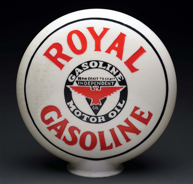 ROYAL GASOLINE ONE PIECE ETCHED GLOBE WITH INDEPENDENT LOGO.