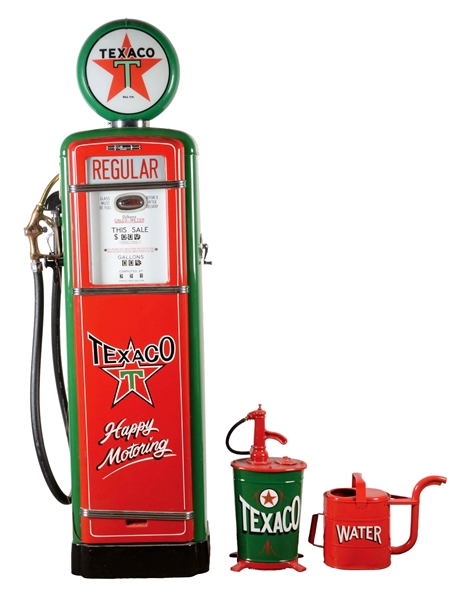 GILBARCO CALCO METER GAS PUMP RESTORED IN TEXACO GASOLINE WITH RESTORED GREASE PUMP & WATER PAIL.