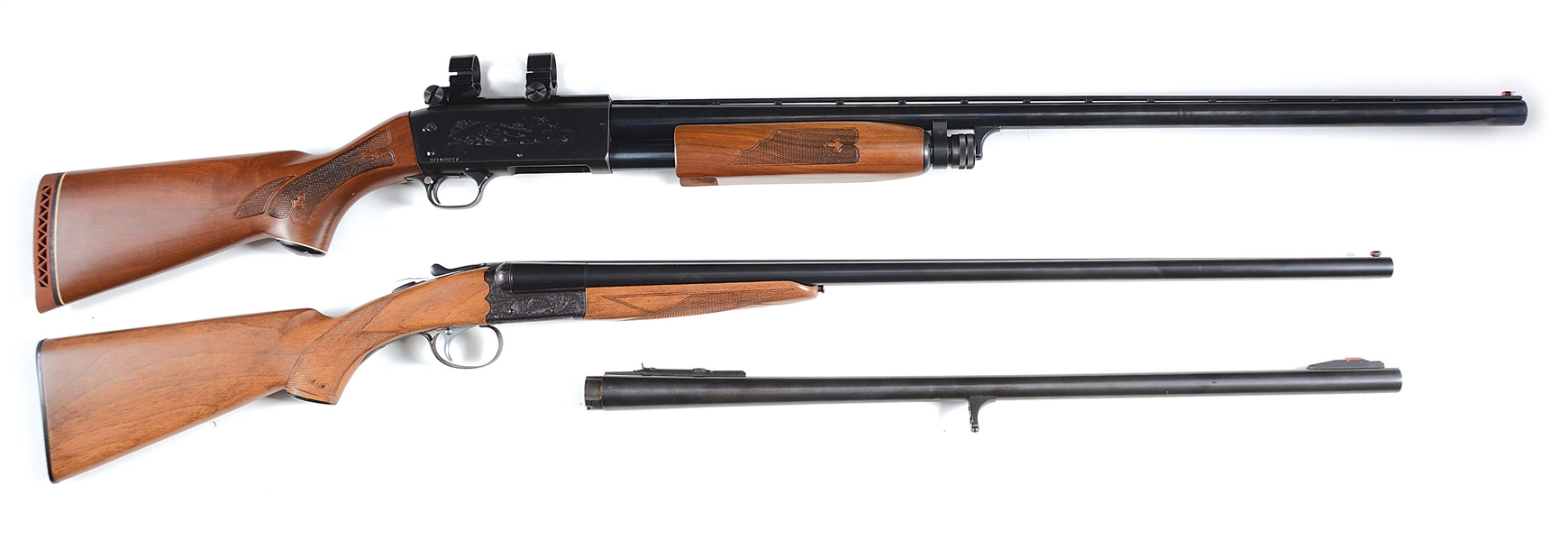 (M) LOT OF 2: (A) ITHACA 37 PUMP ACTION SHOTGUN AND (B) ITHACA 100 SIDE BY SIDE SHOTGUN.
