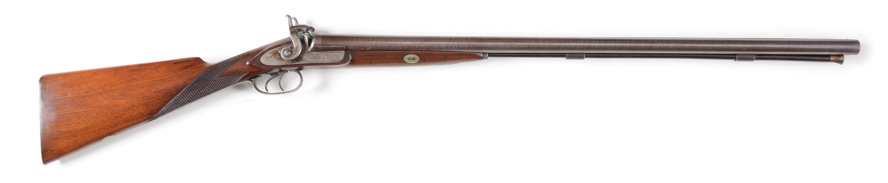 (A) LIKELY BELGIAN MADE "PARKER" MARKED 12 BORE DOUBLE BARREL MUZZLELOADING SHOTGUN.