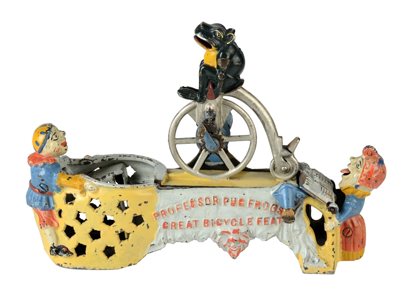 J. & E. STEVENS PROFESSOR PUG FROGS GREAT BICYCLE FEAT CAST IRON MECHANICAL BANK.