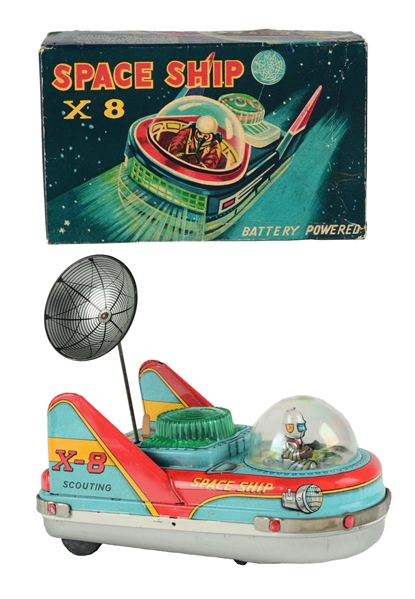 TIN LITHO BATTERY OPERATED SPACESHIP X-8 SCOUTING.