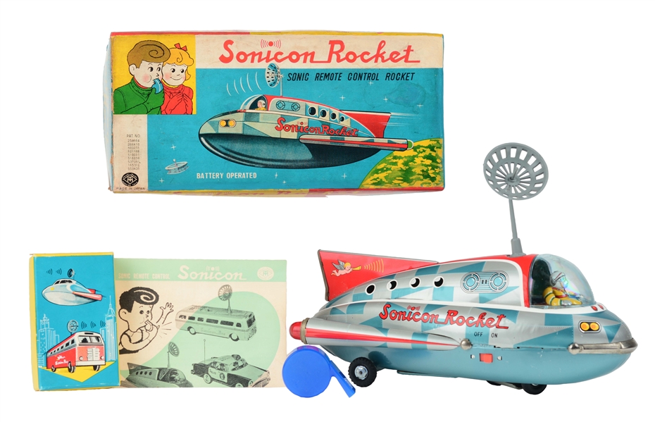 TIN LITHO BATTERY OPERATED CHECKERED SONICON ROCKET.