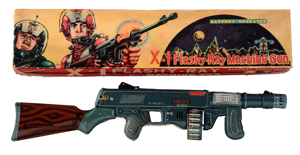 TIN LITHO BATTERY OPERATED X-1 FLASHY RAY MACHINE GUN.