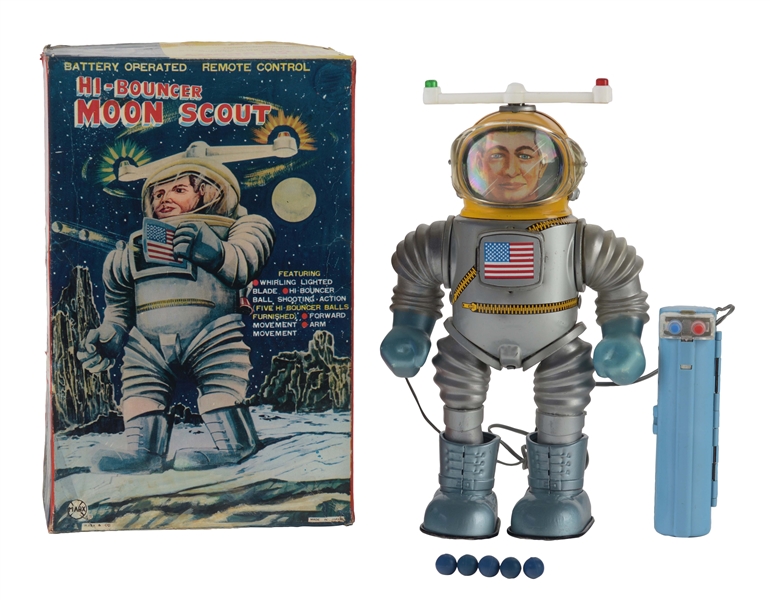 TIN LITHO BATTERY OPERATED REMOTE CONTROL HIGH-BOUNCER MOON SCOUT.
