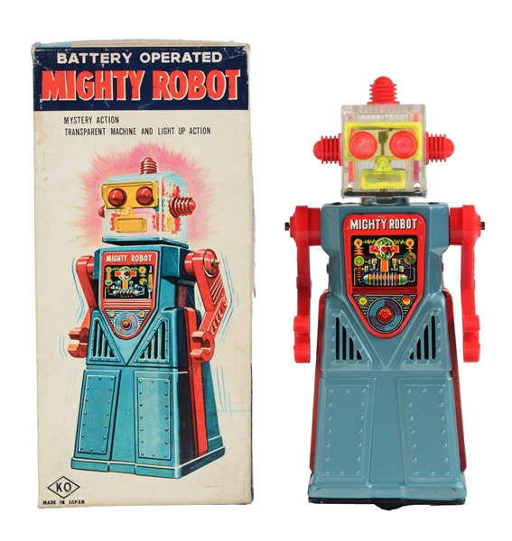 TIN LITHO AND PAINTED BATTERY OPERATED MIGHTY ROBOT.