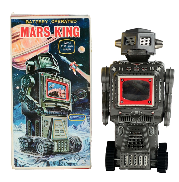 TIN LITHO BATTERY OPERATED MARS KING ROBOT.