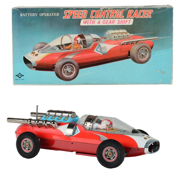 TIN LITHO BATTERY OPERATED SPEED CONTROL RACER WITH 4 GEARS.