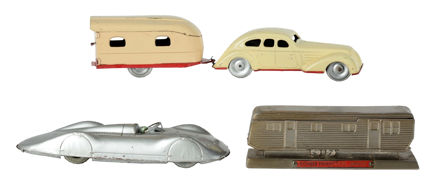 LOT OF 3: TIN AND CAST METAL CARS AND CAMPERS.