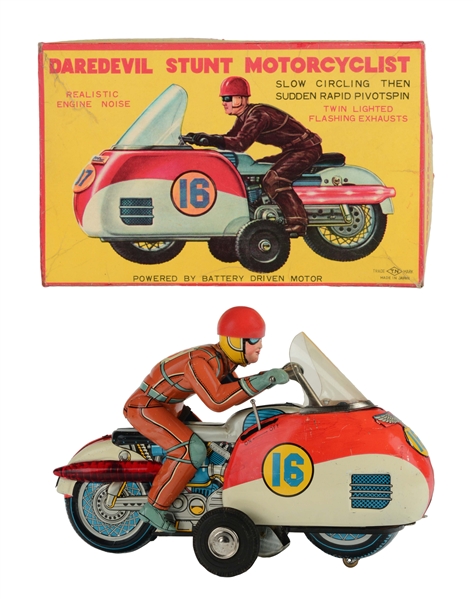 TIN LITHO BATTERY OPERATED DARE DEVIL STUNT MOTORCYCLIST.