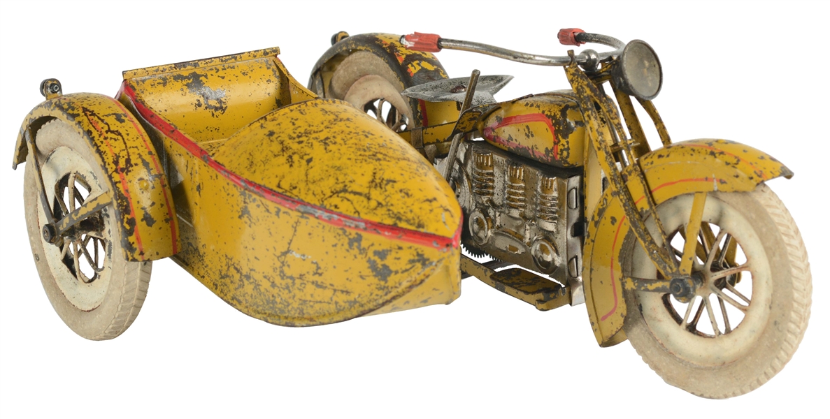 LARGE TIN PAINTED WIND UP PRE-WAR JAPANESE MOTORCYCLE AND SIDECAR.