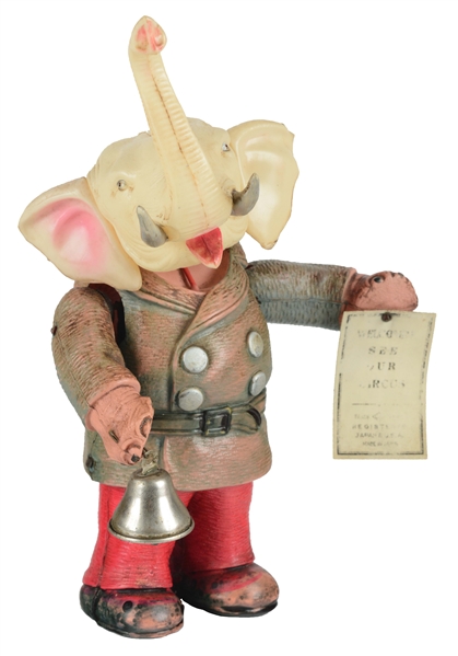 LARGE PRE-WAR JAPANESE CELLULOID WIND UP CIRCUS ELEPHANT BARKER.
