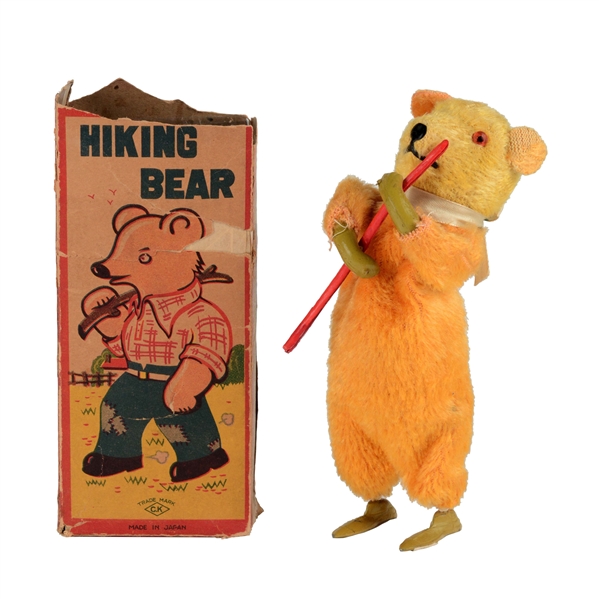 PRE-WAR JAPANESE TIN, LEAD AND CELLULOID MOHAIR WIND UP HIKING BEAR.
