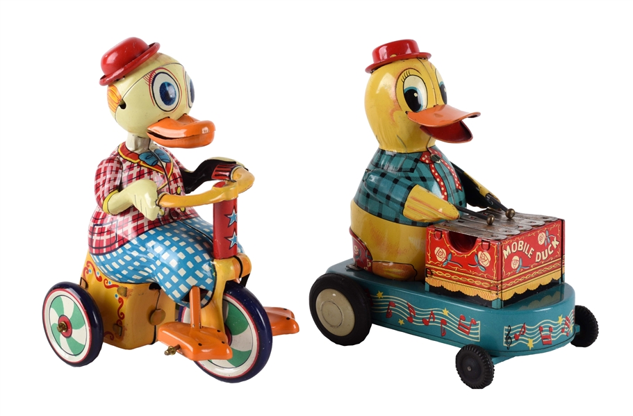 LOT OF 2: TIN LITHO WIND UP DUCK TOYS.