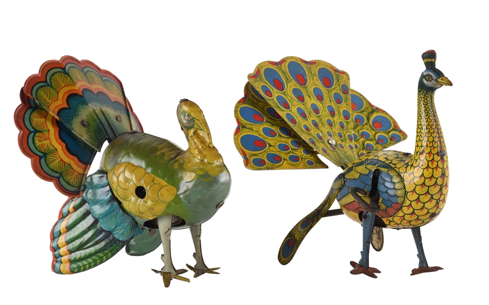 LOT OF 2: TIN LITHO WIND UP PEACOCK AND TURKEY TOYS.