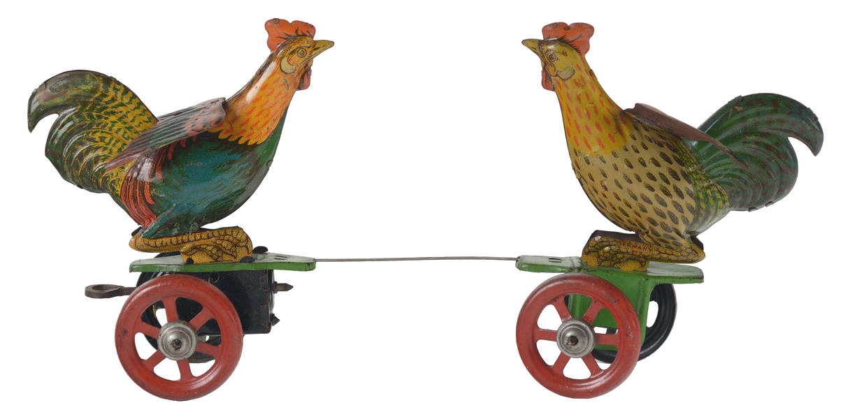 TIN LITHO WIND UP FIGHTING ROOSTERS PLATFORM TOY.